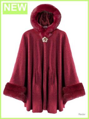 Faux Fur Trim Hooded Cape Coat Fleece Lined Poncho